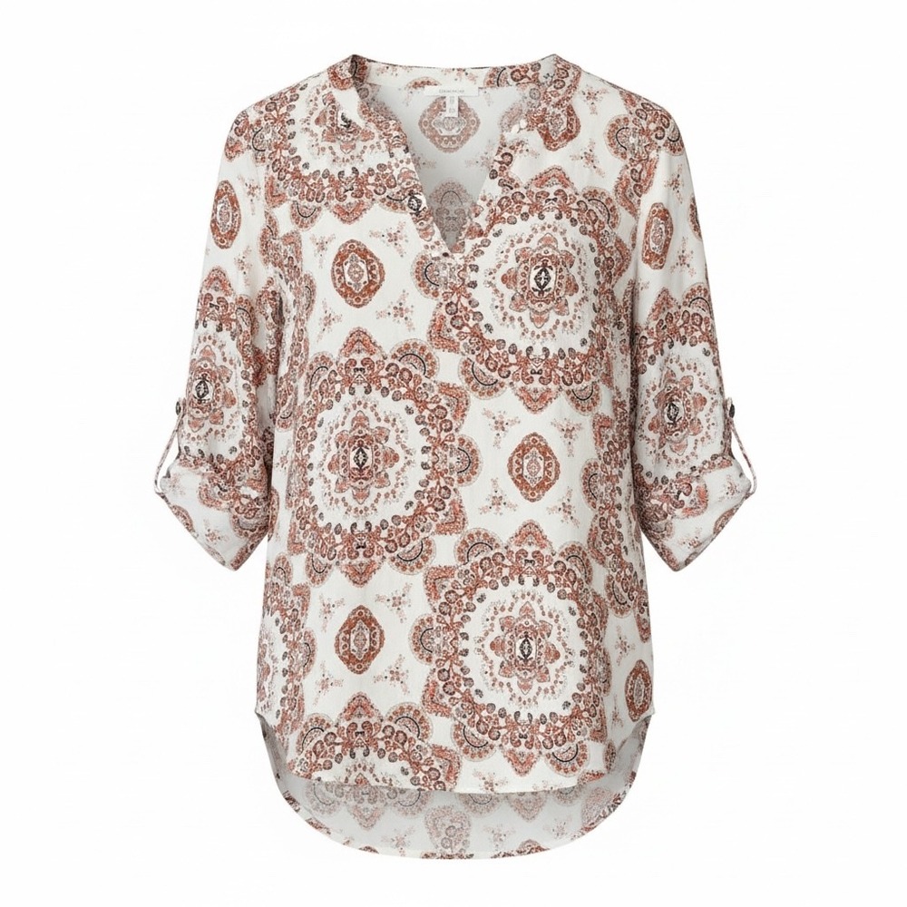 Maurices Boho Medallion Blouse White Rust Medium Roll Tab Sleeve